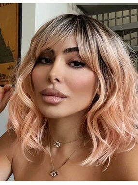 NOBLE Pink Orange Wig,Peach Wig w/Bangs Ombre Bob Synthetic Wavy Heat Resistant
